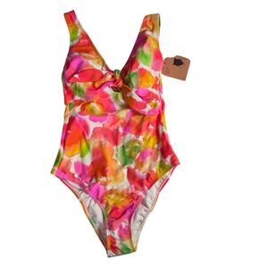 Shade & Shore Bathing Suit -XS -High Leg Cheeky One Piece -Pink & Orange -Floral